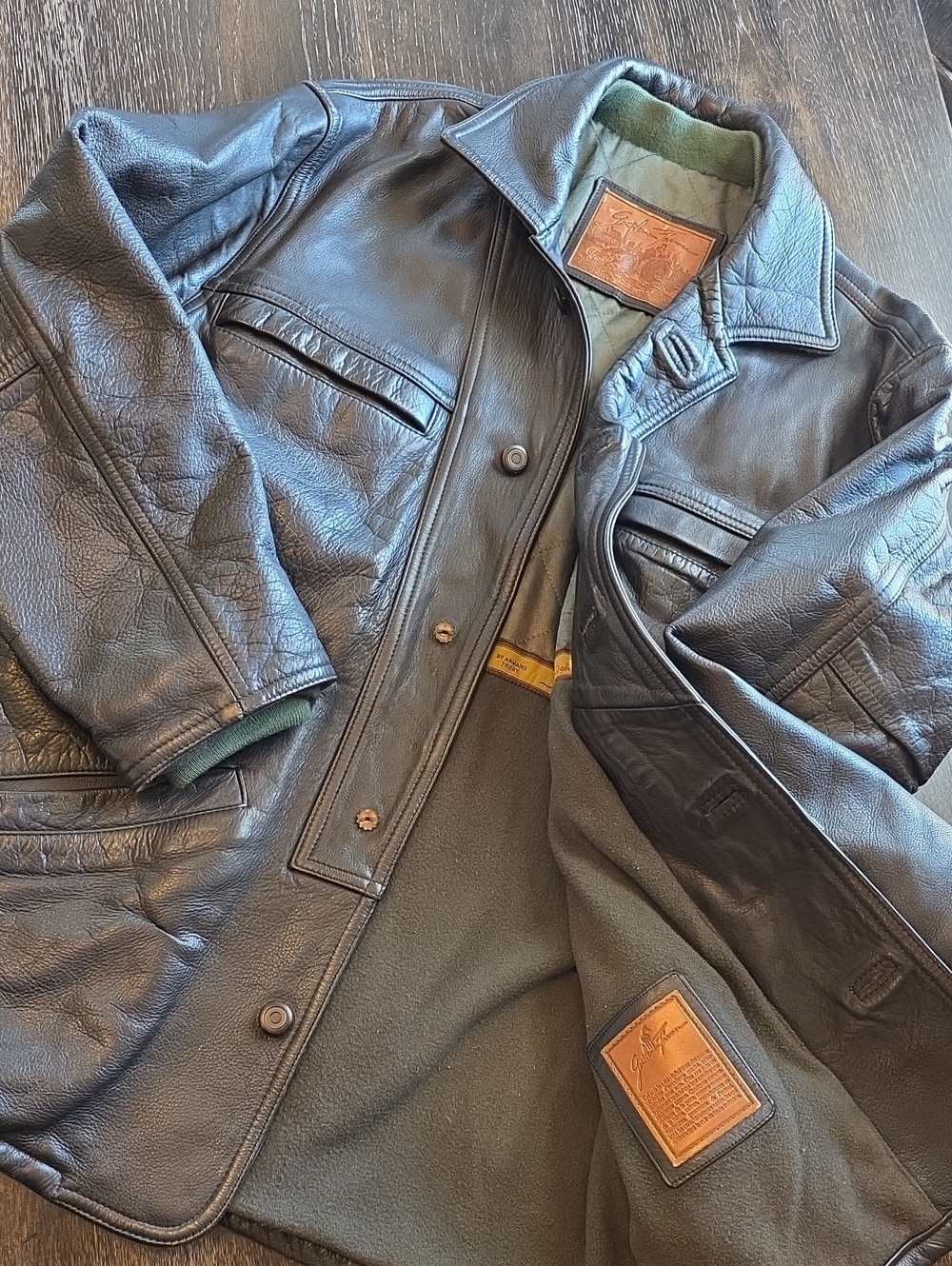 Source Unknown Brown Leather Bomber Jacket with Green Lining